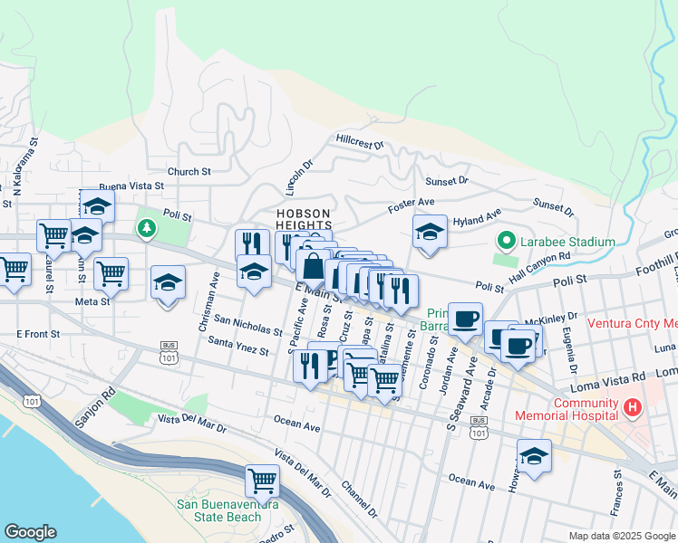 map of restaurants, bars, coffee shops, grocery stores, and more near 62 North Pacific Avenue in Ventura
