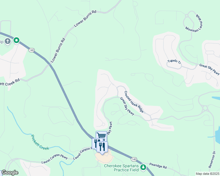 map of restaurants, bars, coffee shops, grocery stores, and more near 203 Crescent Moon Way in Canton