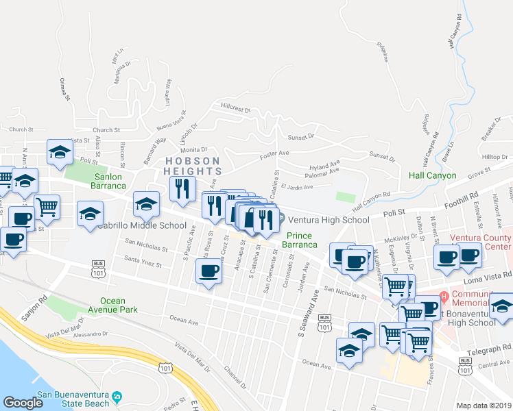 map of restaurants, bars, coffee shops, grocery stores, and more near 2020 Poli Street in Ventura