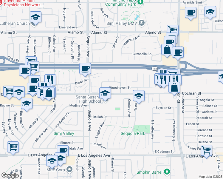 map of restaurants, bars, coffee shops, grocery stores, and more near 3550 Woodhaven Street in Simi Valley