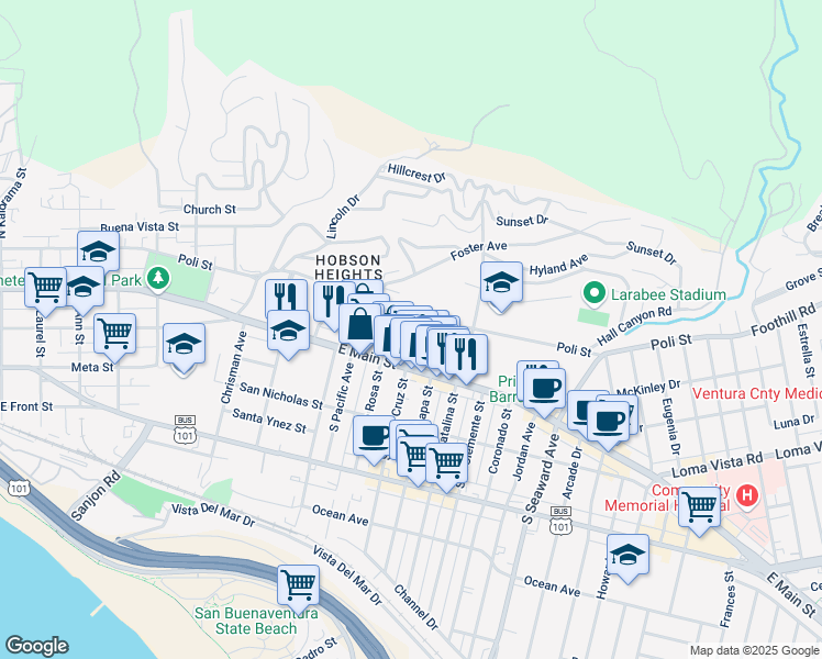 map of restaurants, bars, coffee shops, grocery stores, and more near 95 North Santa Cruz Street in Ventura