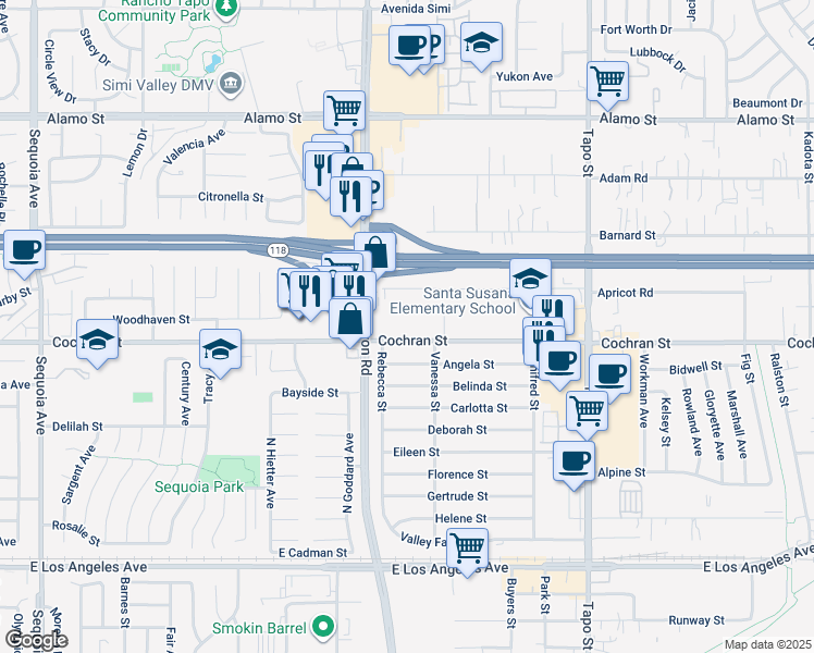 map of restaurants, bars, coffee shops, grocery stores, and more near 4139 Cochran Street in Simi Valley