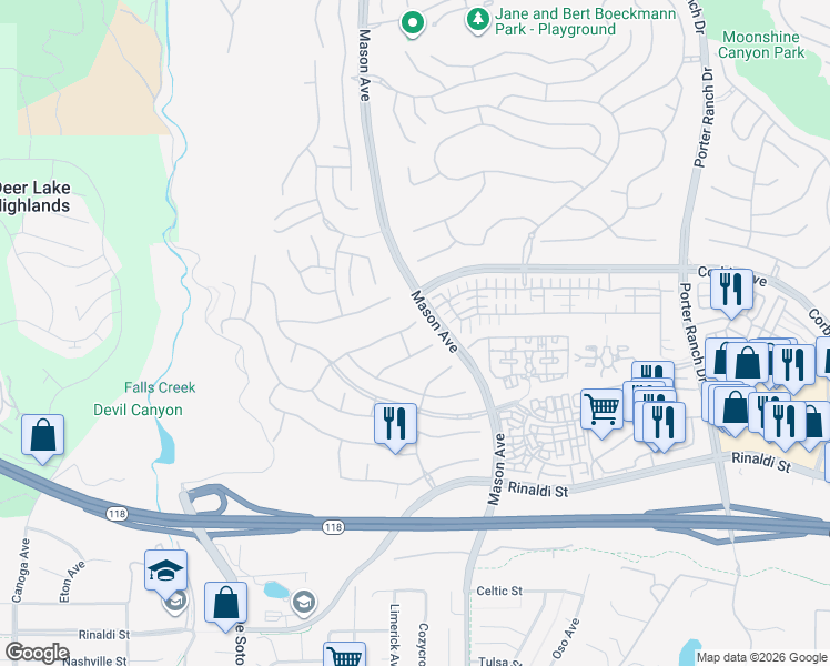 map of restaurants, bars, coffee shops, grocery stores, and more near 20610 Lugano Way in Los Angeles
