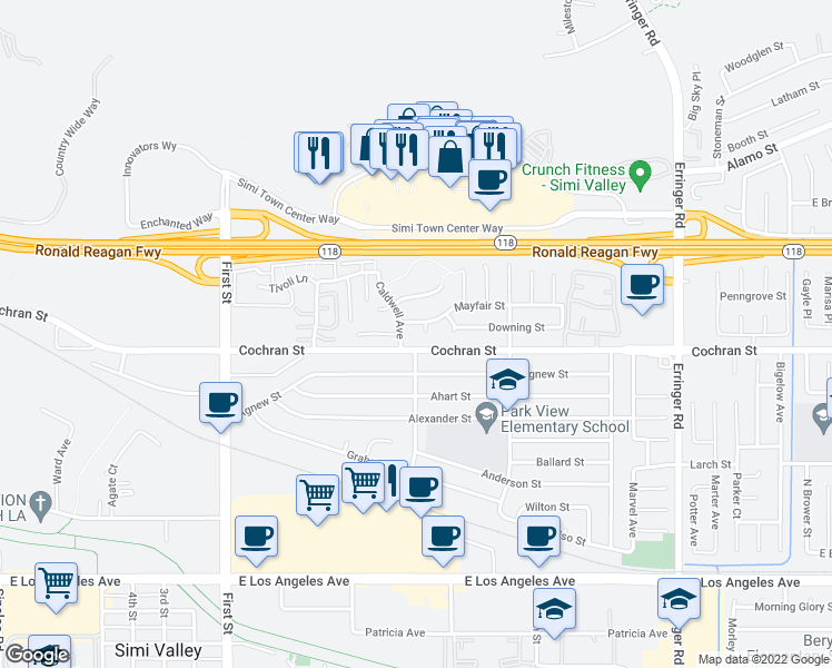 map of restaurants, bars, coffee shops, grocery stores, and more near 2433 Pocomoke Court in Simi Valley