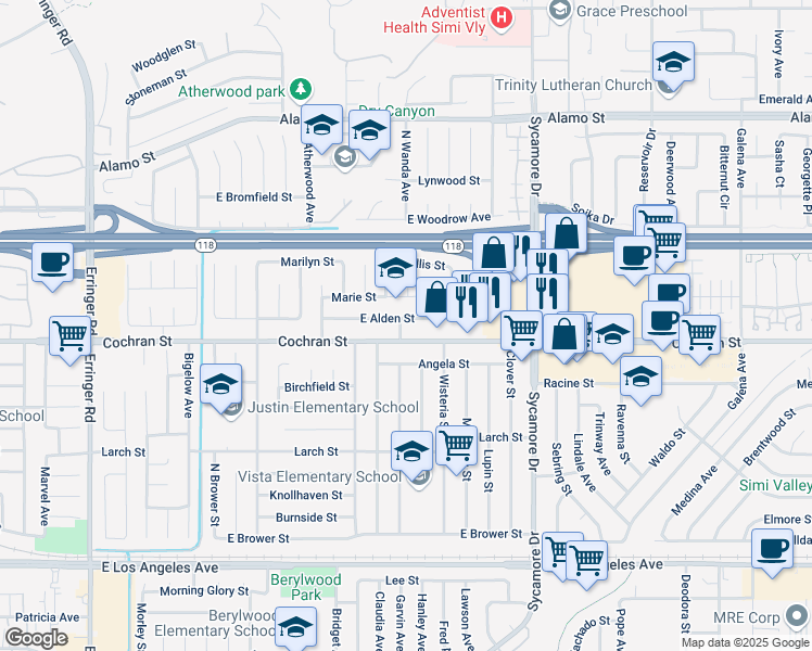 map of restaurants, bars, coffee shops, grocery stores, and more near 2456 East Alden Street in Simi Valley