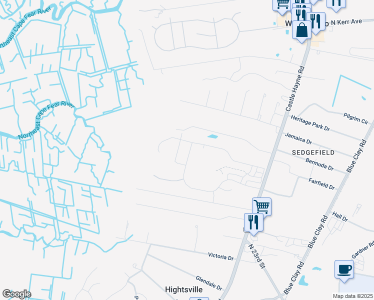 map of restaurants, bars, coffee shops, grocery stores, and more near 2111 Castle Hayne Road in Wilmington
