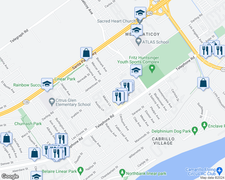 map of restaurants, bars, coffee shops, grocery stores, and more near 10270 Alexandria Street in Ventura
