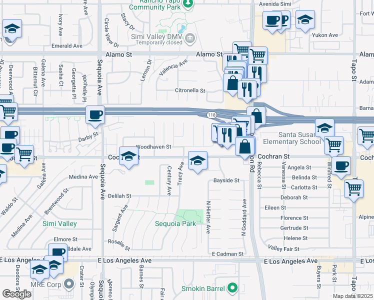 map of restaurants, bars, coffee shops, grocery stores, and more near 2414 Tracy Avenue in Simi Valley