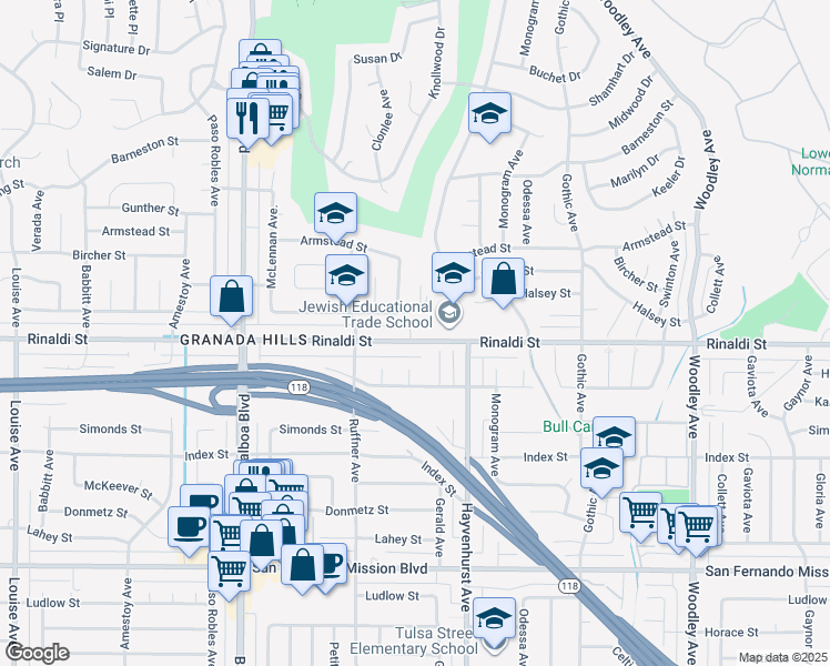 map of restaurants, bars, coffee shops, grocery stores, and more near 16651a Rinaldi Street in Los Angeles