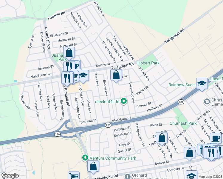 map of restaurants, bars, coffee shops, grocery stores, and more near 205 Dana Point Avenue in Ventura