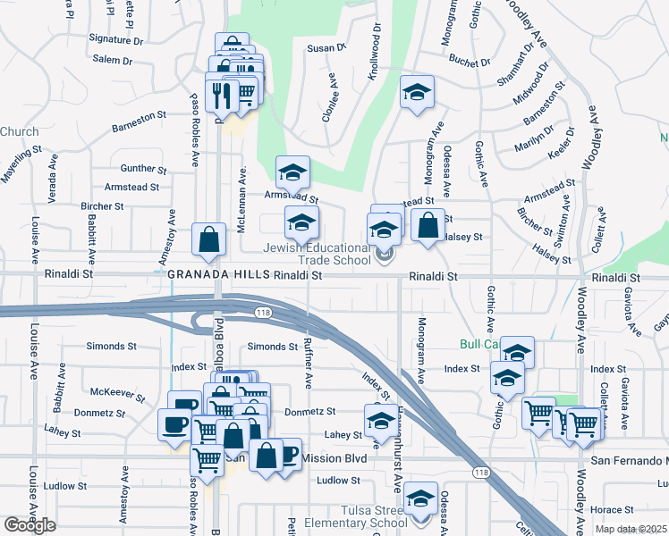 map of restaurants, bars, coffee shops, grocery stores, and more near 16727 Rinaldi Street in Los Angeles