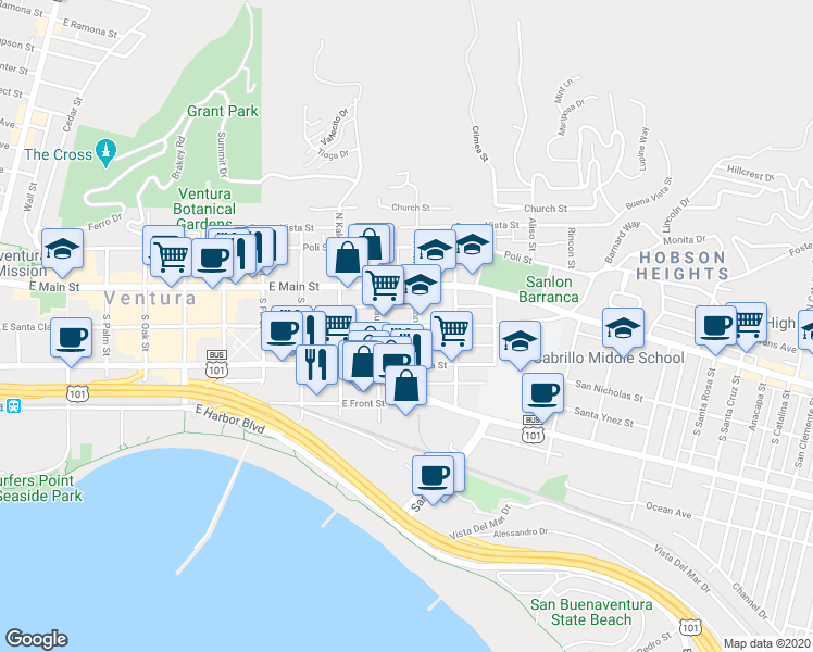 map of restaurants, bars, coffee shops, grocery stores, and more near 1074 East Santa Clara Street in Ventura