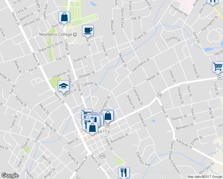 map of restaurants, bars, coffee shops, grocery stores, and more near 1701 Harrington Street in Newberry