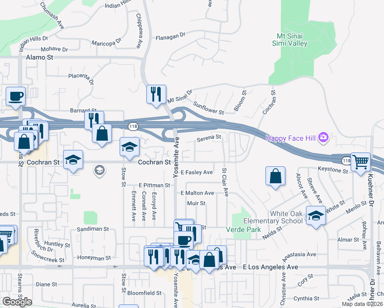 map of restaurants, bars, coffee shops, grocery stores, and more near 2427 Meralda Avenue in Simi Valley
