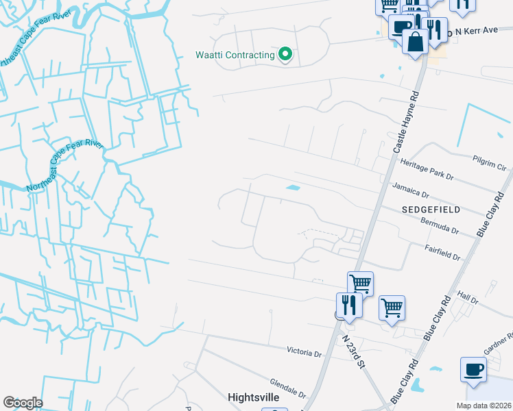 map of restaurants, bars, coffee shops, grocery stores, and more near 2111 Castle Hayne Road in Wilmington