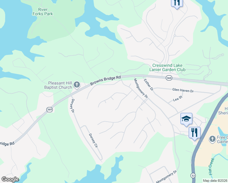 map of restaurants, bars, coffee shops, grocery stores, and more near 3736 Golden Leaf Point Southwest in Gainesville