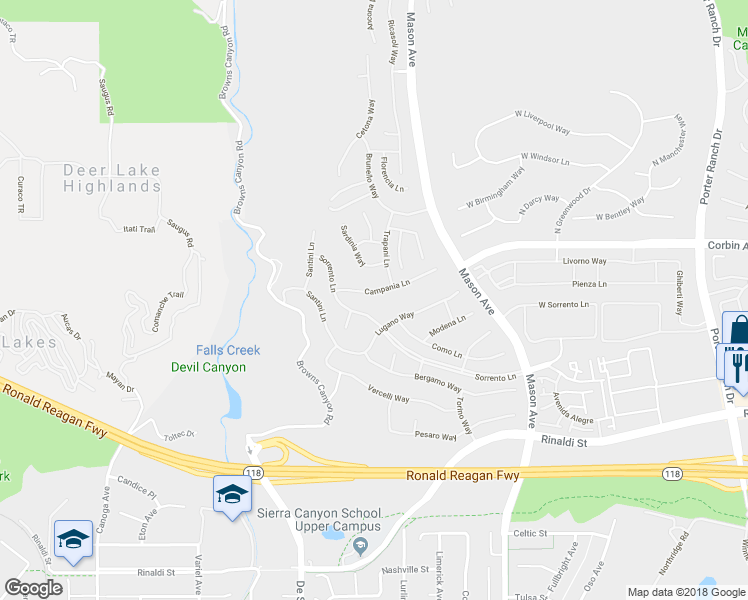 map of restaurants, bars, coffee shops, grocery stores, and more near 20748 Campania Lane in Los Angeles