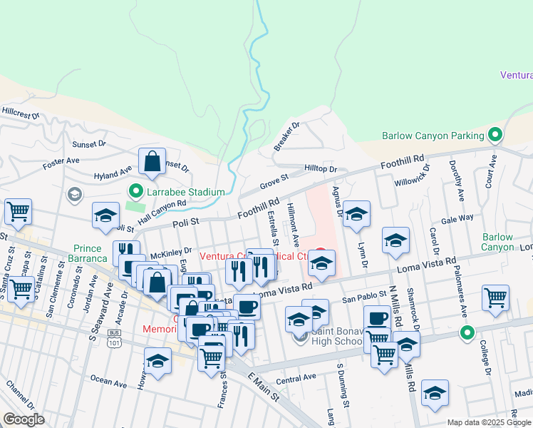 map of restaurants, bars, coffee shops, grocery stores, and more near 391 Estrella Street in Ventura