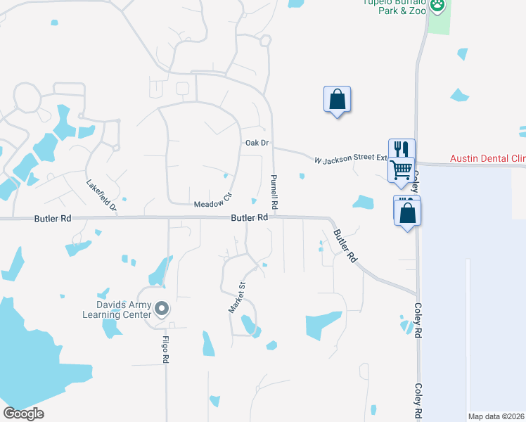 map of restaurants, bars, coffee shops, grocery stores, and more near 4000-4070 Butler Road in Tupelo