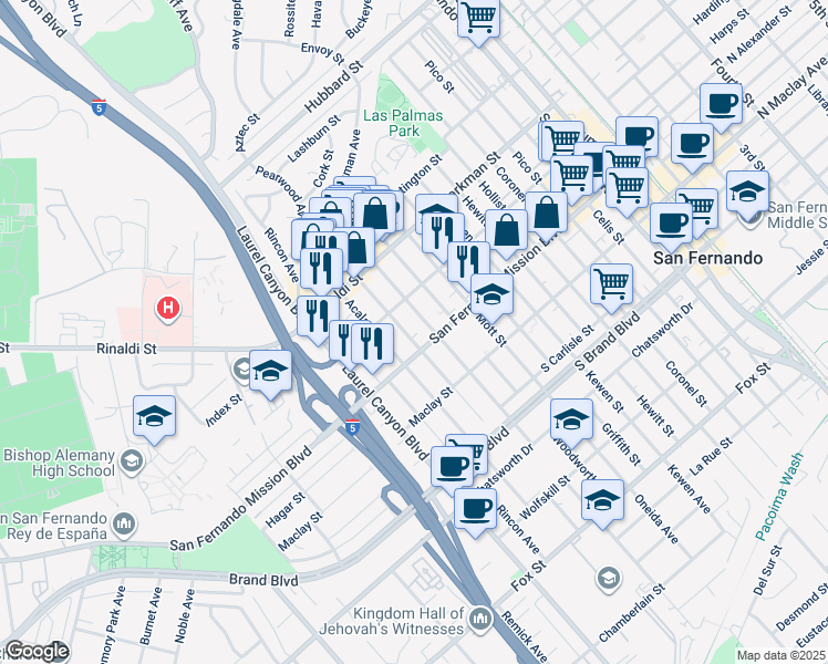 map of restaurants, bars, coffee shops, grocery stores, and more near 11516 1/2 Amboy Avenue in San Fernando