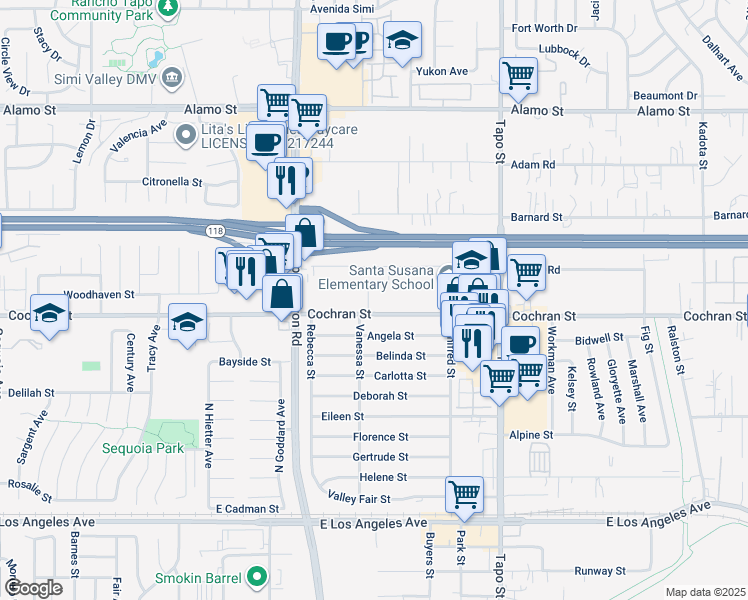 map of restaurants, bars, coffee shops, grocery stores, and more near 4139 Cochran Street in Simi Valley