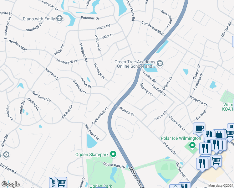 map of restaurants, bars, coffee shops, grocery stores, and more near 7225 Copperfield Court in Wilmington