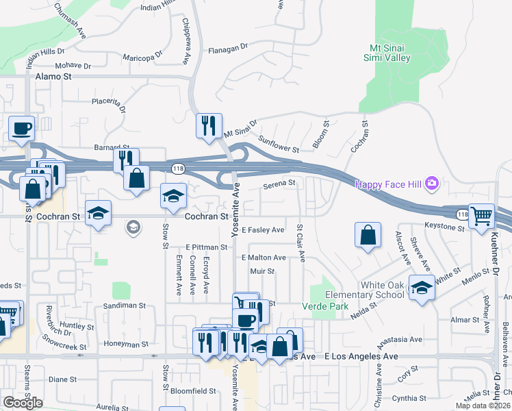 map of restaurants, bars, coffee shops, grocery stores, and more near 2427 Meralda Avenue in Simi Valley