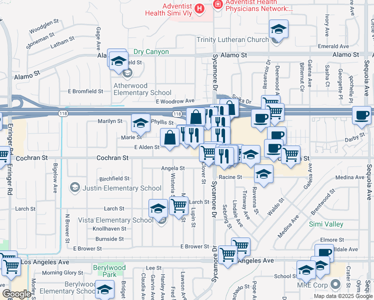 map of restaurants, bars, coffee shops, grocery stores, and more near 2585 Cochran Street in Simi Valley