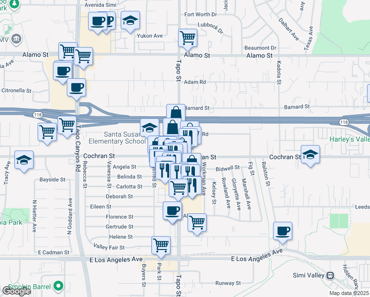 map of restaurants, bars, coffee shops, grocery stores, and more near 2450 Tapo Street in Simi Valley