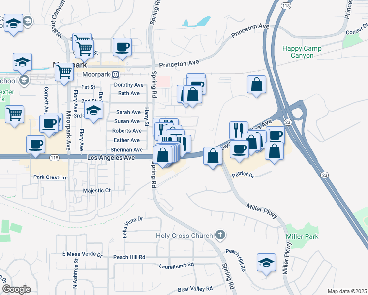 map of restaurants, bars, coffee shops, grocery stores, and more near 633 New Los Angeles Avenue in Moorpark