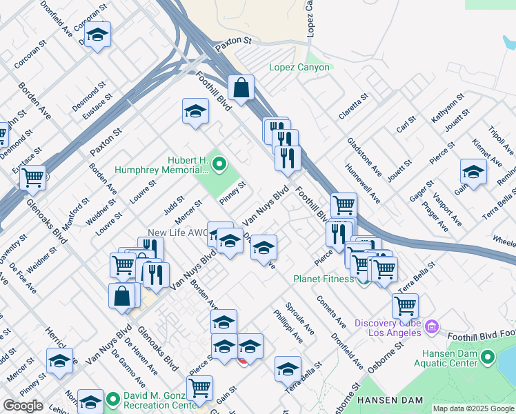 map of restaurants, bars, coffee shops, grocery stores, and more near 12409 Van Nuys Boulevard in Los Angeles