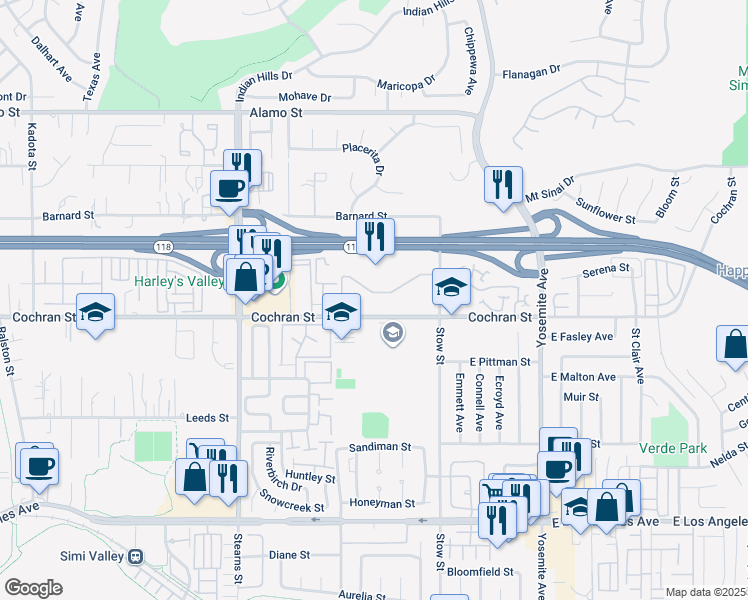 map of restaurants, bars, coffee shops, grocery stores, and more near 5459 Cochran Street in Simi Valley
