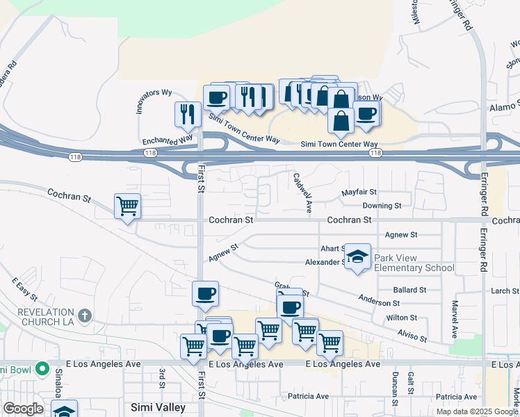 map of restaurants, bars, coffee shops, grocery stores, and more near 1307 Casmalia Court in Simi Valley