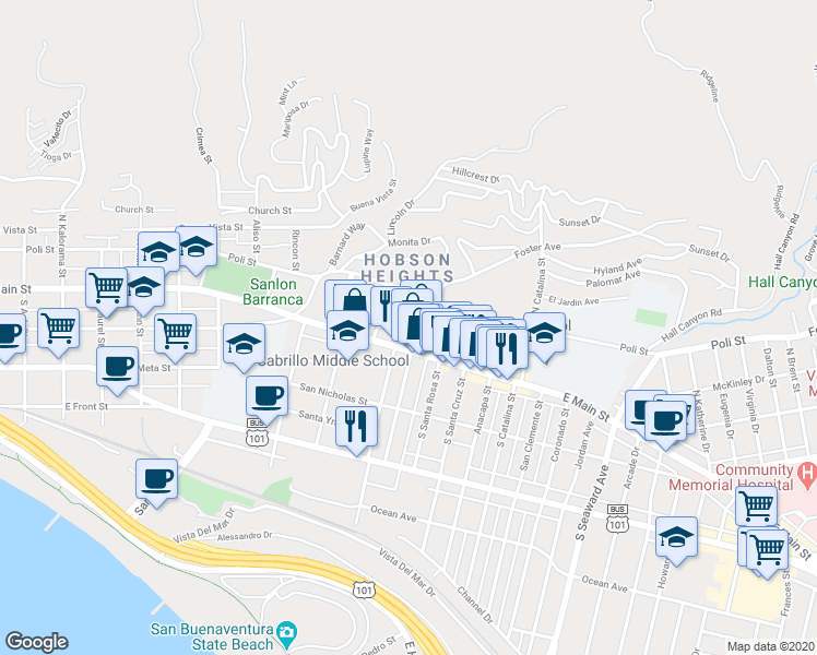 map of restaurants, bars, coffee shops, grocery stores, and more near 1729 East Main Street in Ventura