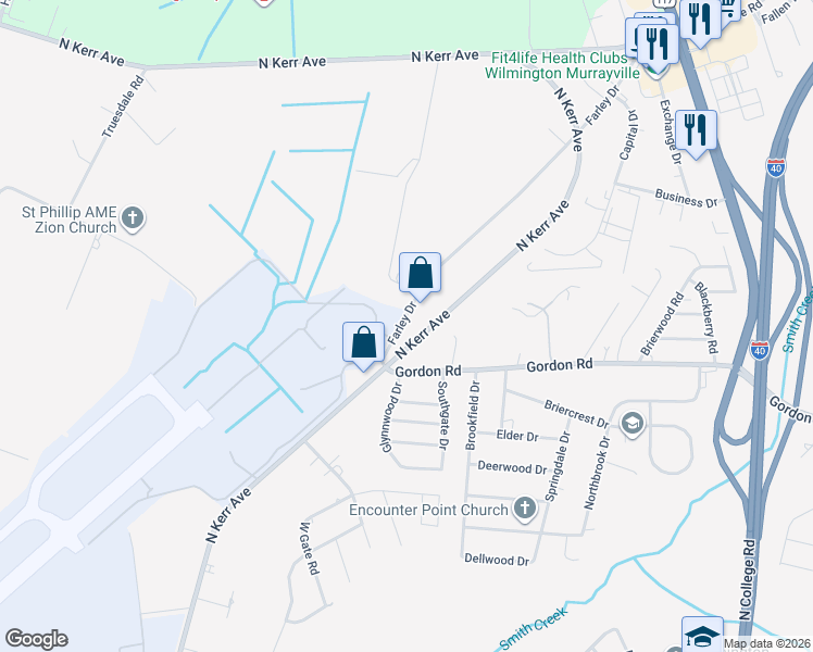 map of restaurants, bars, coffee shops, grocery stores, and more near 1821 North Kerr Avenue in Wilmington