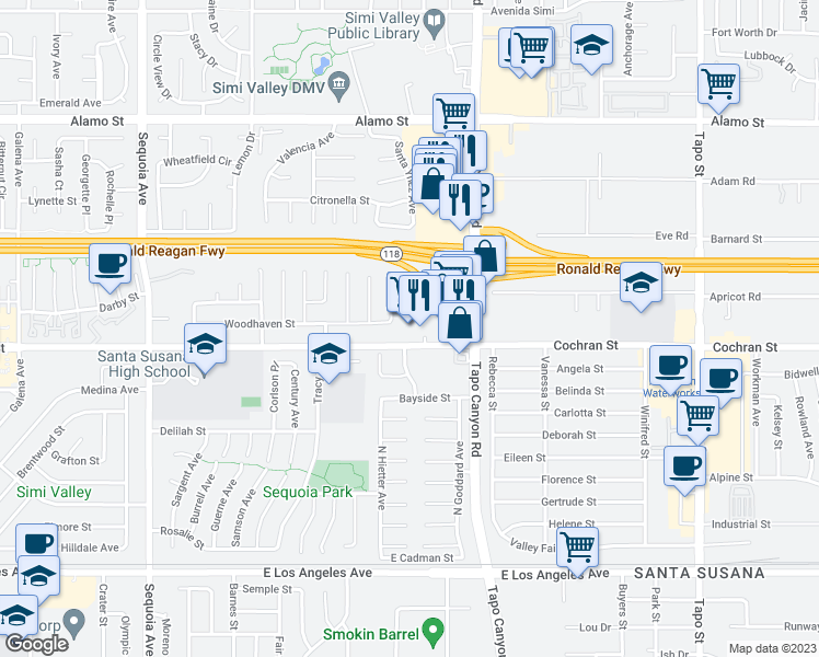 map of restaurants, bars, coffee shops, grocery stores, and more near 3885 Cochran Street in Simi Valley