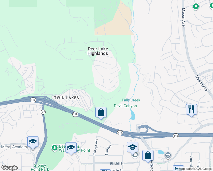 map of restaurants, bars, coffee shops, grocery stores, and more near 21166 Canyon View Place in Los Angeles County