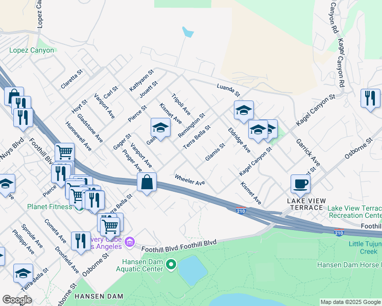 map of restaurants, bars, coffee shops, grocery stores, and more near 11536 Hela Avenue in Los Angeles