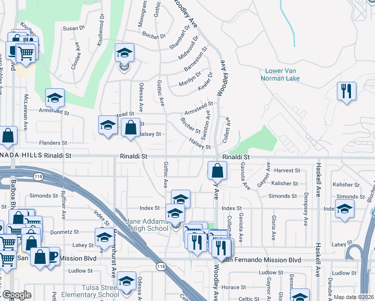 map of restaurants, bars, coffee shops, grocery stores, and more near 11502 Valjean Avenue in Los Angeles