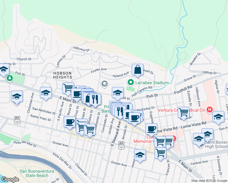 map of restaurants, bars, coffee shops, grocery stores, and more near 2 North Catalina Street in Ventura
