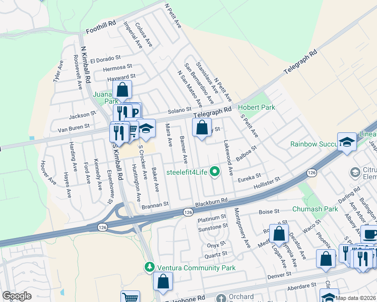 map of restaurants, bars, coffee shops, grocery stores, and more near 205 Dana Point Avenue in Ventura