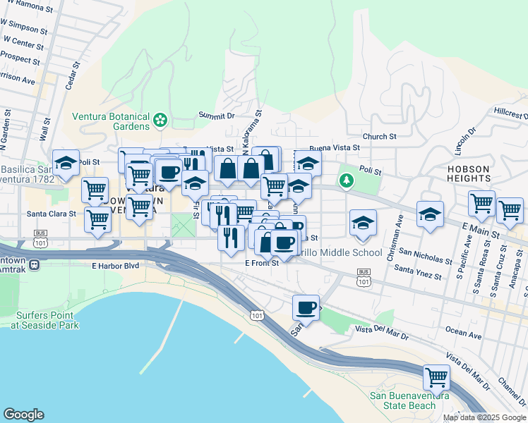 map of restaurants, bars, coffee shops, grocery stores, and more near 963 East Santa Clara Street in Ventura