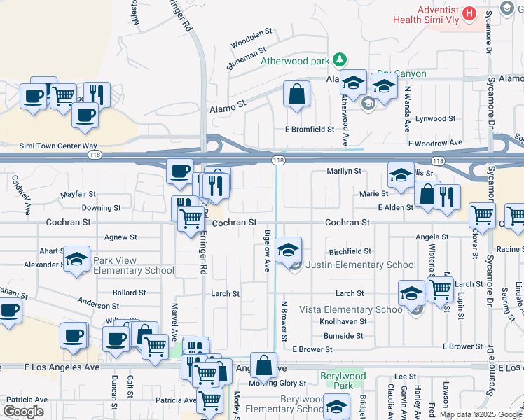 map of restaurants, bars, coffee shops, grocery stores, and more near 2460 Atherton Court in Simi Valley