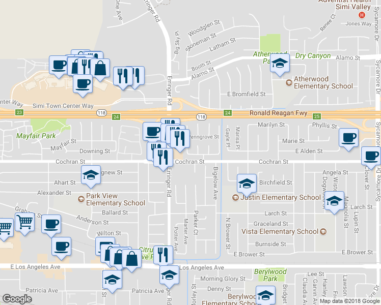 map of restaurants, bars, coffee shops, grocery stores, and more near 2462 Orangewood Place in Simi Valley