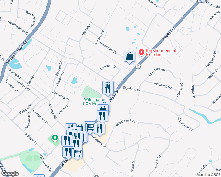map of restaurants, bars, coffee shops, grocery stores, and more near 110 Brief Road in Wilmington