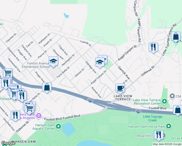map of restaurants, bars, coffee shops, grocery stores, and more near 11555 Eldridge Avenue in Los Angeles