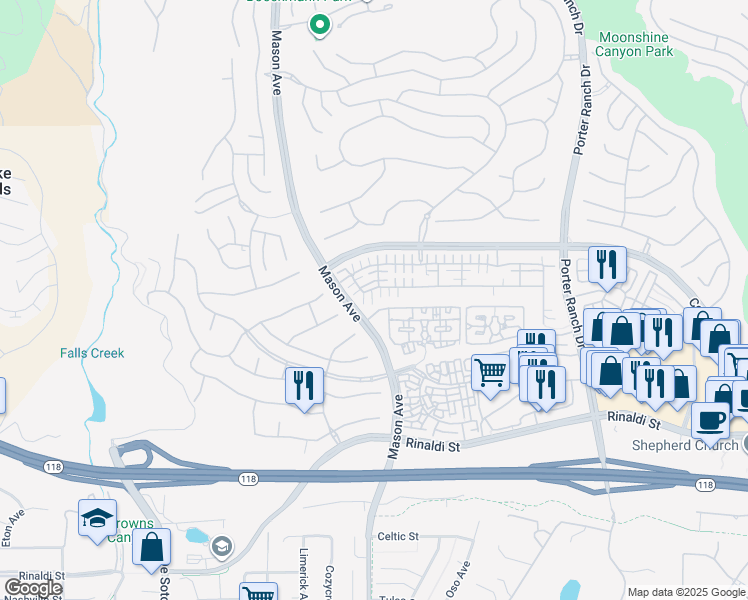 map of restaurants, bars, coffee shops, grocery stores, and more near 20306 Pienza Lane in Los Angeles