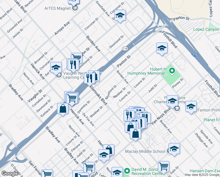 map of restaurants, bars, coffee shops, grocery stores, and more near 12971 Montford Street in Los Angeles