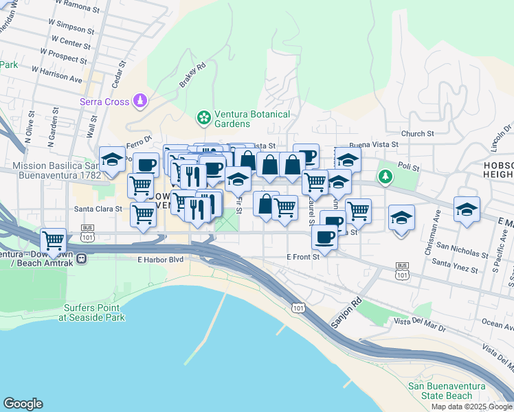map of restaurants, bars, coffee shops, grocery stores, and more near 793 East Santa Clara Street in Ventura