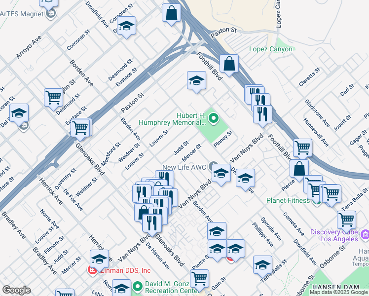 map of restaurants, bars, coffee shops, grocery stores, and more near 12652 Judd Street in Los Angeles